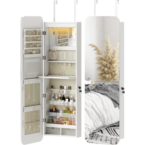 Miroir à bijoux LED mural ou porte avec serrure, miroir pleine longueur 2 tiroirs, blanc (1/5)