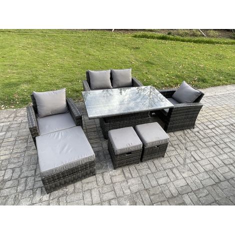 Fimous Outdoor Garden Dining Sets 7 Seater Rattan Patio Furniture Sofa Set with Rising Lifting Table 3 Footstools Dark Grey Mixed (1/5)