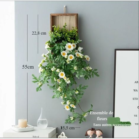 Eucalyptus artificiel long suspendu, cadre bois mural, avec clous sans trace (1/3)