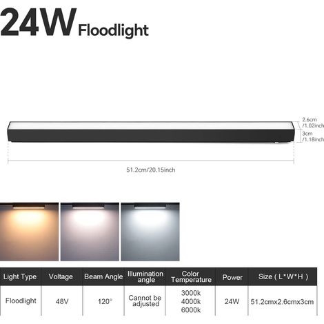 (Éclairage d'exposition 24 W) Spot LED sur rail magnétique à montage en surface, luminaire décoratif moderne pour salon.