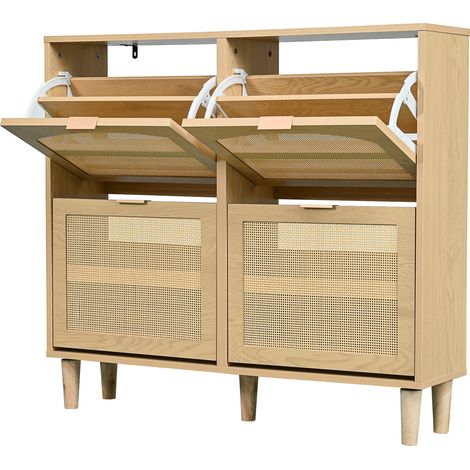 Mobile portascarpe con 4 ante a ribalta in rattan, effetto rovere chiaro, 100 x 25 x 90,3 cm (1/5)