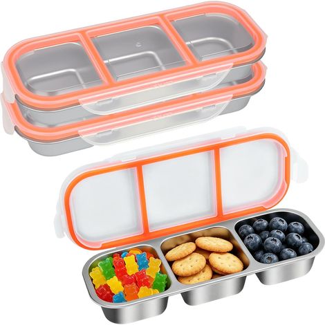 3er-Set Edelstahl-Lunchboxen mit je 3 Fächern (600 ml) – mit Deckel – auslaufsicher – für Salat, Obst, Süßigkeiten, Gewürze, Büro, Schule, Arbeit, Camping und Kinder (1/5)