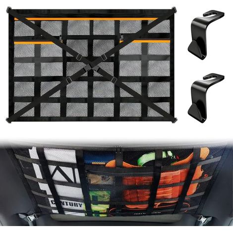 Filet de Rangement Voiture 90×65cm, Filet de Rangement Toit avec Sangles Croisées Réglables, Universel Trunk Storage Net Pocket Organisateur Plafond Voiture pour SUV Van Jeep (1/5)