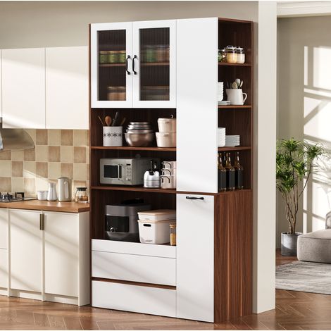 Credenza alta con ripiani regolabili, 2 cassetti e ante in vetro scanalato, bianca e noce, 100x40x200 cm (1/5)