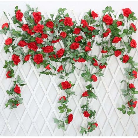Simulation Rose Flower Vine Rattan Silk Wisteria Garland Hanging Rattan Arch Garden Wedding Decorations Home Decor-2Pc, Red (1/5)