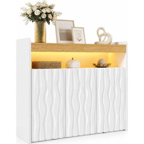 Credenza con LED 105x35x90,5 cm bianca e naturale, 3 ante e ripiani regolabili - CHICFURN (1/5)