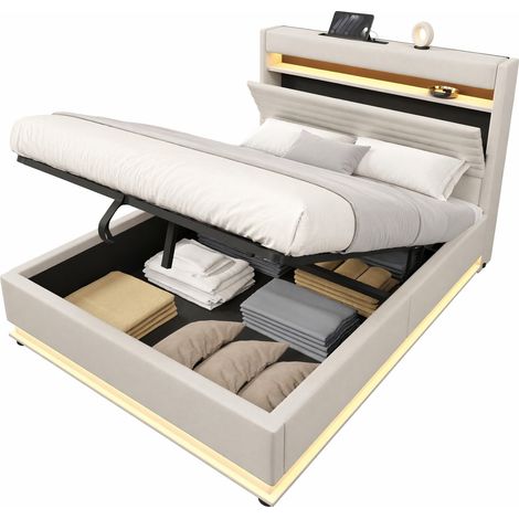 Cama tapizada 140x200 cm con almacenaje hidráulico, LED regulable, puertos USB y Type-C en cabecero, tela beige, sin colchón, ideal para dormitorio CHICFURN (1/5)