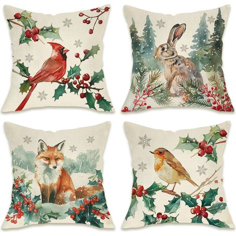 Juego de 4 fundas de cojín de 45 x 45 cm, con diseño de zorro de las nieves, petirrojo, cardenal y conejo, ideales para porches o exteriores funda de cojín (1/4)