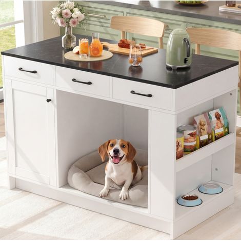 Isla de cocina 120 x 60 x 90 cm con 3 cajones y espacio para mascota blanca HAVRYA (1/5)