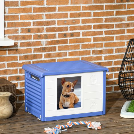 Cuccia per cani da esterno in plastica con aperture di ventilazione blu e bianche