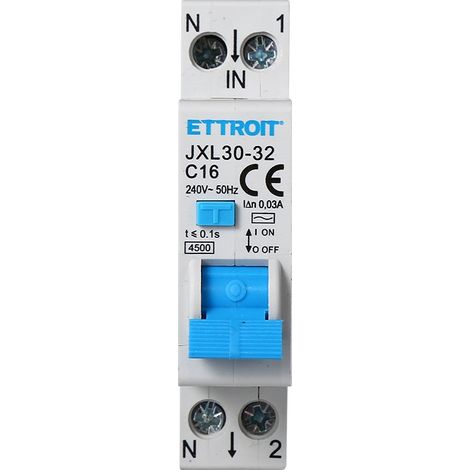 Ettroit – Disjoncteur différentiel 1P+N 16A C16 220V 4,5kA 30mA – Protection complète contre surcharges et fuites – Module DIN 1