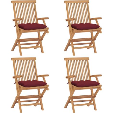 Chaises de jardin avec coussins rouge bordeaux 4pcs Teck massif (1/5)