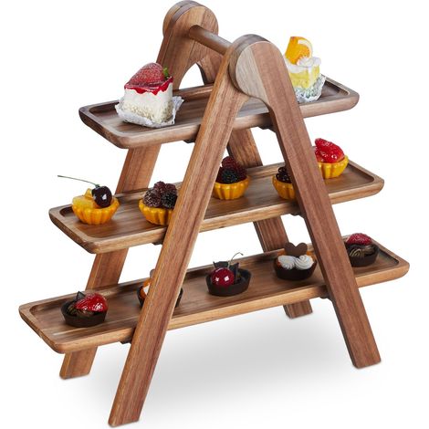 Relaxdays Etagere, 3 Tier, Acacia Wood, Foldable Frame, Snack Display, HWD: 38 x 41 x 15 cm, Rustic Serving Stand, Brown