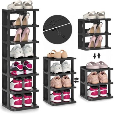 Étagère à chaussures, étagère à chaussures à 7 niveaux, étagère à chaussures noire, gain de place, organiseur de chaussures vertical, étagère de rangement (1/5)
