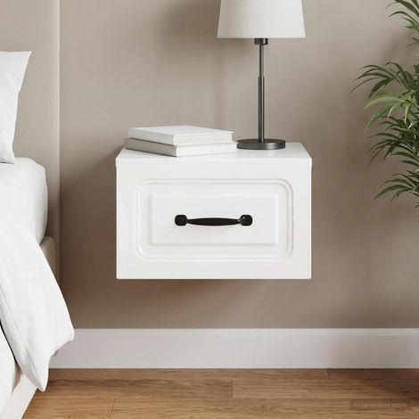 Table de chevet murale en bois d’ingénierie avec tiroir, LED, blanc brillant, 34,5 x 33 x 20 cm - PANGIVO (1/5)
