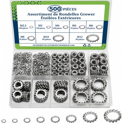Coffret 500 pièces à denture extérieure rondelles blocage inox 304 M2.5-M12 15 × 10,5 × 1,7 cm 140 g – Livraison gratuite (1/5)