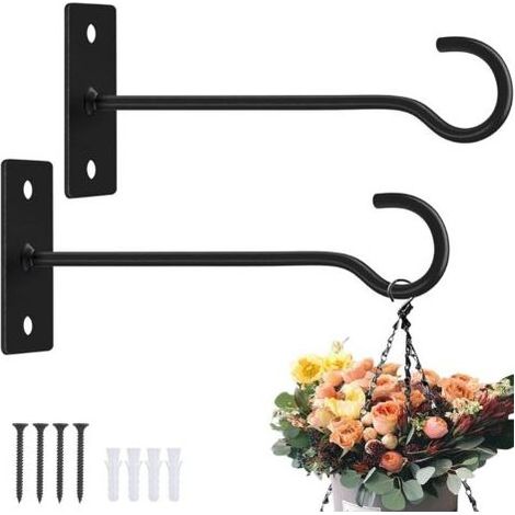 Set mit 2 15 cm langen Metall-Hängehaken für Pflanzen, z. B. für Vogelfutterhäuschen, Pflanzgefäße, Laternen und Windspiele (schwarz) (1/5)