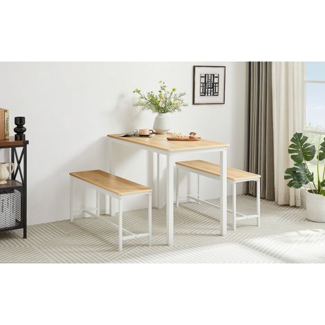 Set tavolo da pranzo industriale con 2 panche, 110 x 60 x 75 cm, naturale e bianco DESVIAE (1/5)
