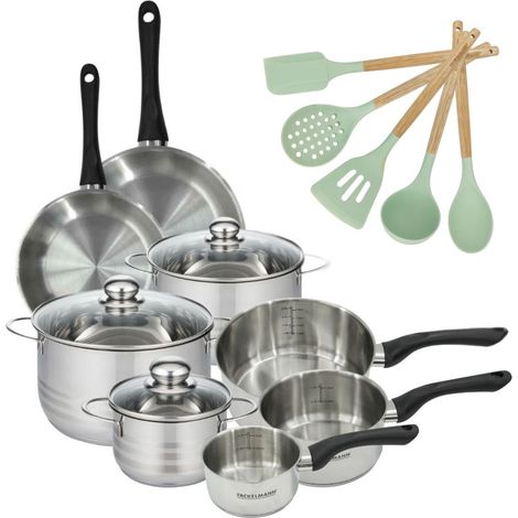 Set 2 poêles 20 24 cm 3 casseroles 12 16 20 cm, 3 faitouts 16, 20 et 24 cm en inox Fackelmann Geneva et 5 ustensiles Océan (1/5)