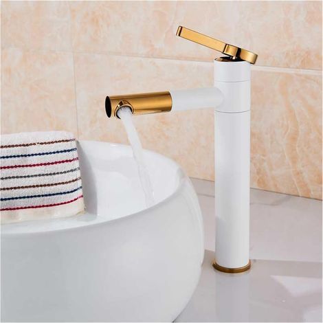 Robinet de lavabo de salle de bain cylindrique noir simple et contemporain, Mitigeur de lavabo - Blanc-Doré,30cm (1/5)