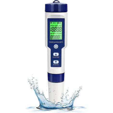 Testeur de pH électronique 5 en 1 pour piscine avec rétroéclairage, mesure pH/TDS/EC/salinité/température avec compensation automatique de température (ATC), pH-mètre haute précision (résolution 0,01) (1/4)