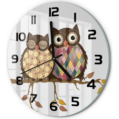 Horloge Murale Ronde Bureau en Verre Trempé Silencieuse Design Contemporain Deux hiboux sur une branche fi 30 cm (1/5)