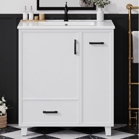 Meuble vasque sur pied 76,5x47x82 cm avec 2 tiroirs, rangement latéral et vasque céramique intégrée, blanc (1/5)