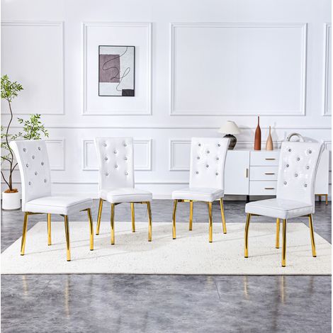 Juego de sillas de comedor con diseño de piel de cocodrilo, detalles de botón de cristal, metal dorado y PVC blanco (1/5)