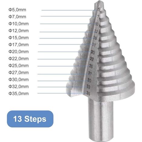 HSS Step Drill Bit, Double Slot Countersink Step Drill Bit (5mm-35mm) with Titanium Coating, Solid, Perfect for Screwdriver Drilling on Steel, Wood, Plastic, Brass, Aluminum, PVC (Round Shank, 13mm) (1/4)
