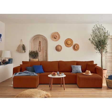 Bestmobilier – Canapé panoramique 7 places convertible avec coffre – Velours côtelé terracotta – Style boho – Dimensions couchage 280x130 cm