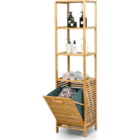 Costway – Colonne de salle de bain avec panier à linge inclinable et 3 étagères en bambou – Dimensions 40x33x160 cm – Panier amovible en toile d'Oxford (1/5)