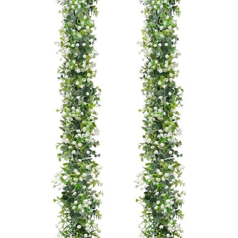 2er Set Künstliche Eukalyptus Girlande mit weißen Blüten, 180cm, UV-beständig (1/5)