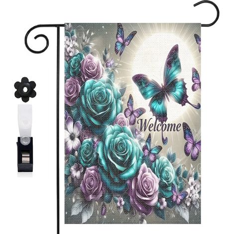 Drapeau vertical Welcome et effet scintillant sur les fleurs 30 x 45 cm décoration jardin d'été (1/5)