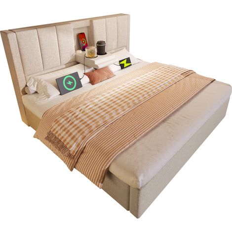 Lit Coffre 180x200cm,Lit double capitonné avec Station de Chargement et Porte-gobelet Caché,Rangement sous Le Lit,Beige (1/5)