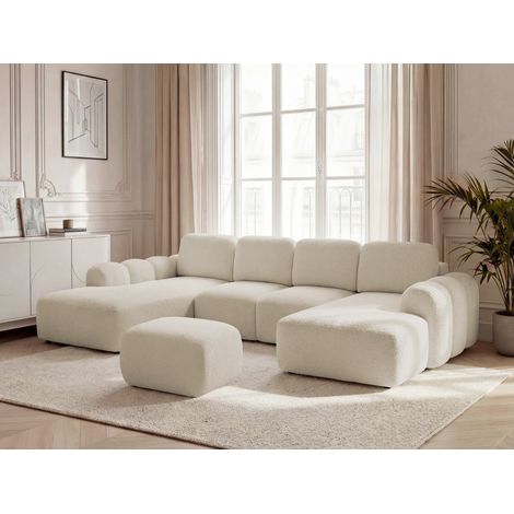 BOBOCHIC - Canapé panoramique convertible coffre MONTAIGNE tissu bouclette avec pouf Angle droit  Beige