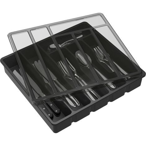 Range Couverts pour Tiroir avec Couvercle, Boîte de Rangement Couverts de Cuisine, Organisateur de Couverts en Plastique, Boîte de Rangement Couverts pour Tiroir de Cuisine et Comptoir, 6 Compartiment (1/5)