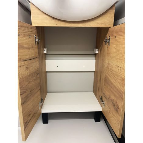 Meuble de salle de bain avec vasque simple en céramique – Chêne massif – Largeur 50,5 cm – Hauteur 85 cm – Montage facile (1/3)