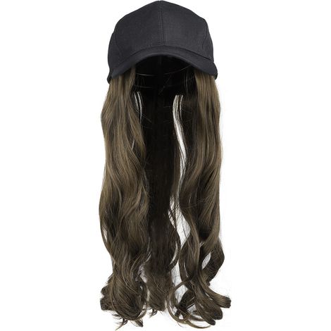 Postiche Chapeau - Cheveux Bouclés Longs 60 cm - Pour Extension Capillaire - Couleur Brun Clair - Chapeau Noir (1/5)