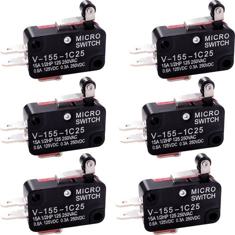 6 Pièces V-155-1C25 Micro Limit Switch, 125V/250V 15A 1 NO 1 NC SPDT Snap Action Interrupteur, pour Porte de Four à Micro-Ondes (1/5)