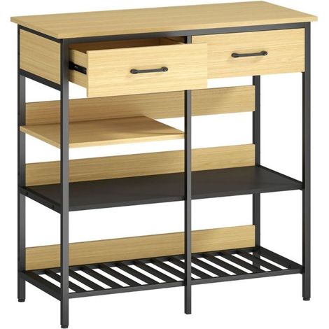 Buffet 90 x 40 x 91 cm 2 tiroirs Commode 3 étagères ouvertes aspect bois naturel (1/5)