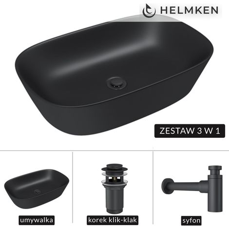 Helmken 39360001 Aufsatzwaschbecken (60x38) Schwarz + Mattschwarzer Siphon + Mattschwarzer Klick-Klack-Verschluss (1/5)