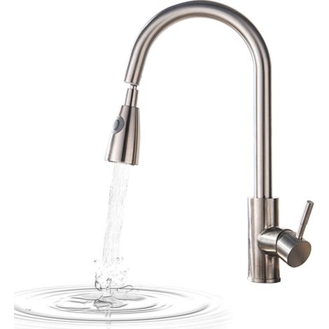 Küchenarmatur mit ausziehbarer Brause und 2 Strahlarten, Waschtischarmatur mit hohem Auslauf, ausziehbarer Brause, Keramikventil, Oberfläche in gebürstetem Nickel, 360° schwenkbar