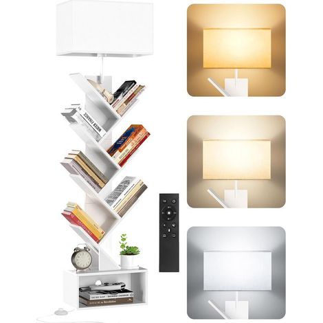 Petite Bibliothèque Arbre en Bois sur Pied avec Éclairage, Étagère à 6 Niveaux avec Télécommande et Minuteur, Meuble d’Angle pour Livres, CD et DVD, pour Salon, Chambre, Bureau (Blanc) (1/5)