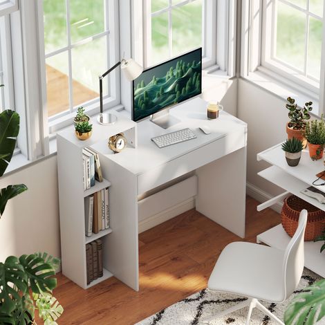 Scrivania PC Moderna con 3 Ripiani Aperti e Cassetto, in Legno Bianco, 100x40x90 cm