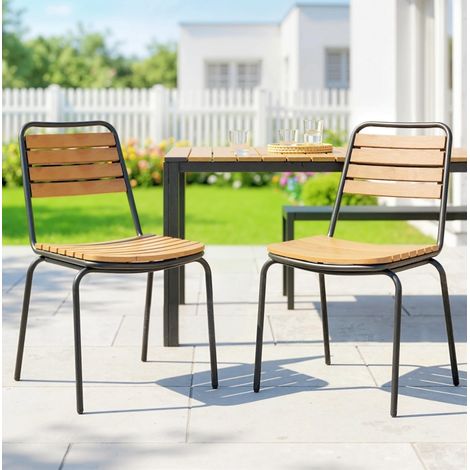 Lot de 2 chaises de jardin 47/61/91 cm bois naturel en eucalyptus avec structure acier empilable (1/3)