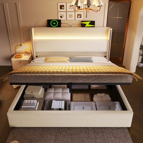 Cama con canapé hidráulico de lino beige 180x200 cm con LED, USB/Type-C y colchón incluido (1/5)