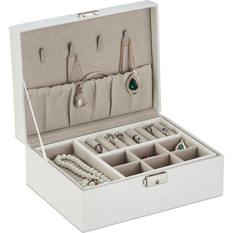 Relaxdays Jewellery Box, Jewellery Storage with Ring Holder, HxWxD: 9.5 x 23 x 17.5 cm, Removable Tray, White