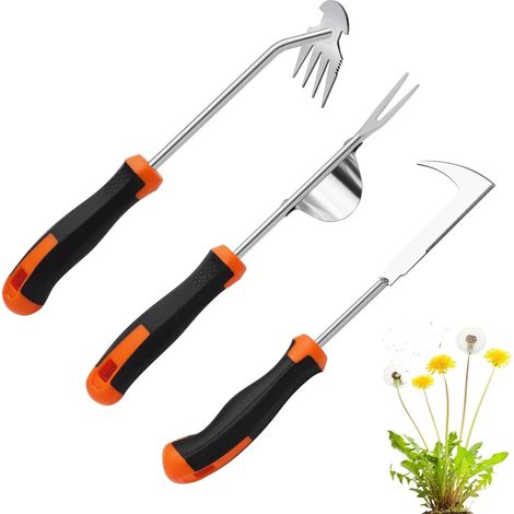 Il set di attrezzi per diserbo composto da tre pezzi include un tagliaerba seghettato in acciaio inossidabile, un tagliaerba e un uncino per diserbo. (1/4)