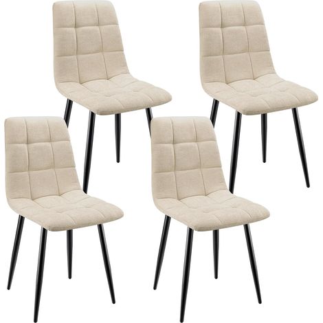 Lewe – Lot de 4 chaises rembourrées avec dossier haut – Tissu lin beige – Design damier – Pieds en fer forgé inoxydable – Assemblage facile (1/5)