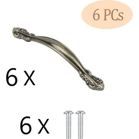 Vintage-Möbelgriffe, 6 Stück – für Türen, Möbel, Küche, Schrank, Schublade, Kommoden – geschnitzte Legierung – mit Schrauben, 96 mm Lochabstand (1/4)